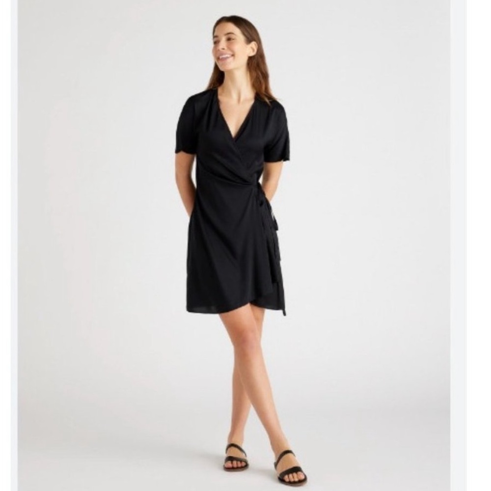 Quince Black Short Sleeve Wrap Mini Dress